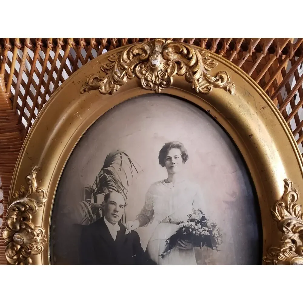 Antique Wedding Portrait Gilded Bubble Glass Frame Art Deco Gothic Victorian Art